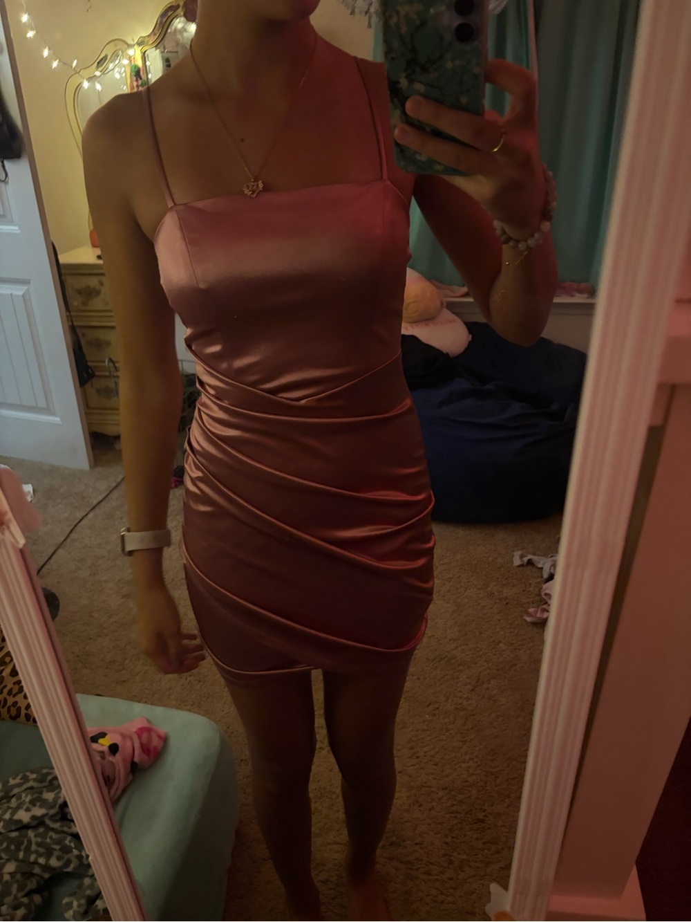Honey and Rosie Satin Mini Dress in Rose Pink